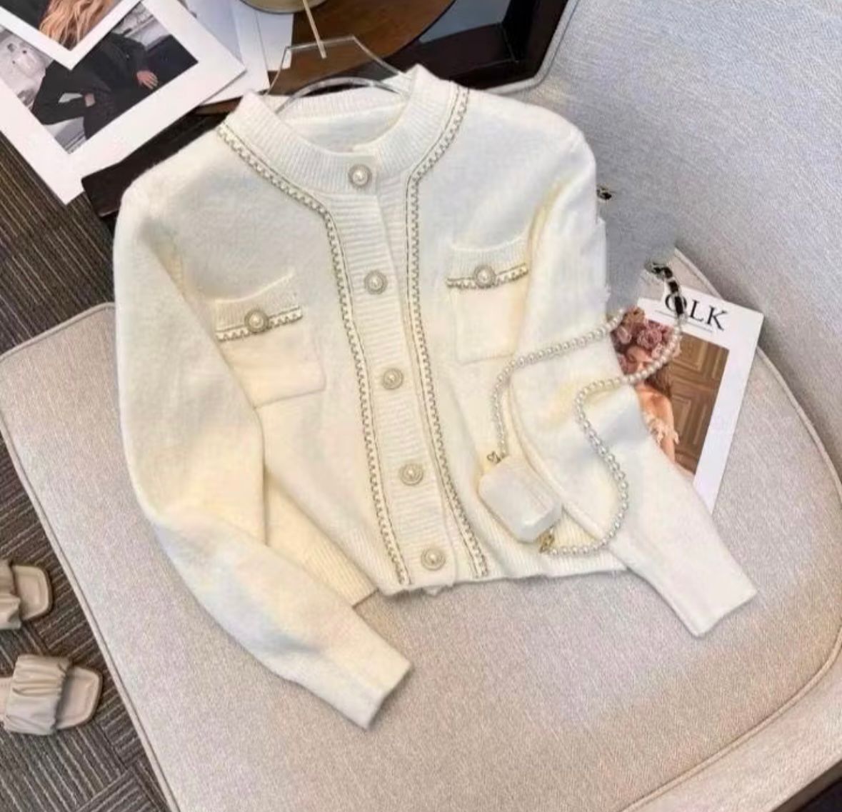 Sweater Polos Kancing Aktif Mutiara Full Depan Korea Elegan