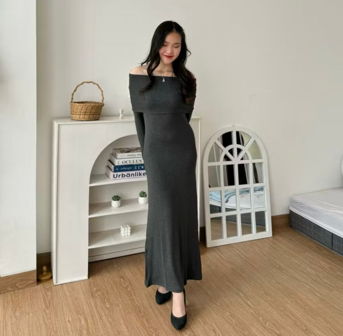 Dress Wanita Abu Tua Panjang 