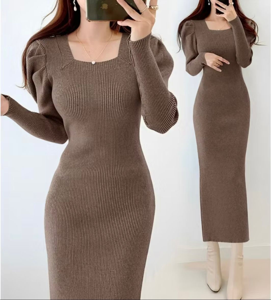 Dress Wanita Panjang Rajut Cokelat 